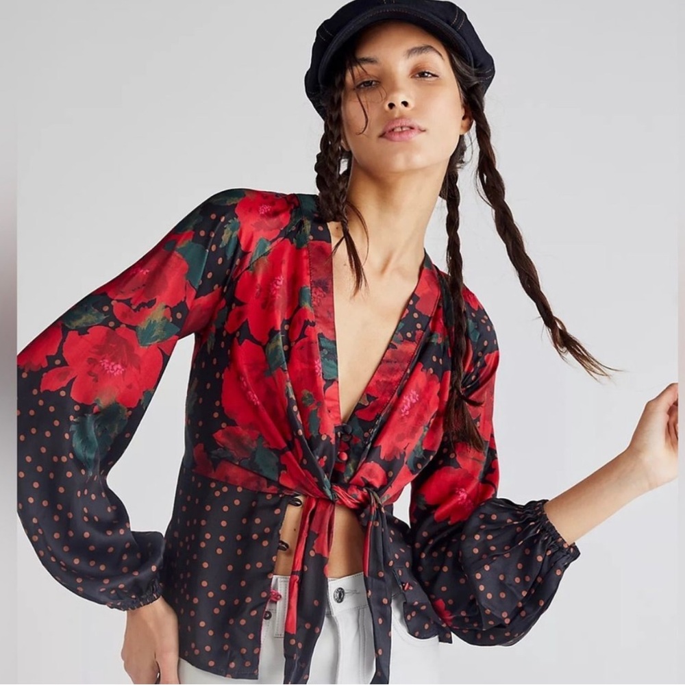 Free People Run Free Blouse in Black Motif NEW